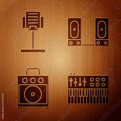 Set Music synthesizer, Music stand, Guitar amplifier and Stereo speaker on wooden background. Vector