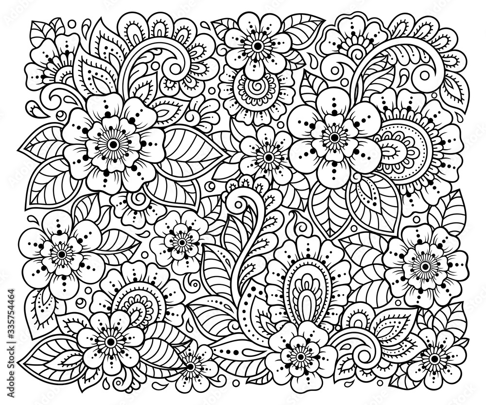 Plakat Outline square floral pattern in mehndi style for coloring book page. Antistress for adults and children. Doodle ornament in black and white. Hand draw vector illustration.
