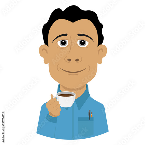 Coffee break. A person enjoys a coffee drink, happy and positive. The vector illustration is isolated on a white background.