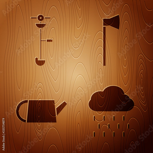 Set Cloud with rain, Grass and weed electric string trimmer, Watering can and Wooden axe on wooden background. Vector