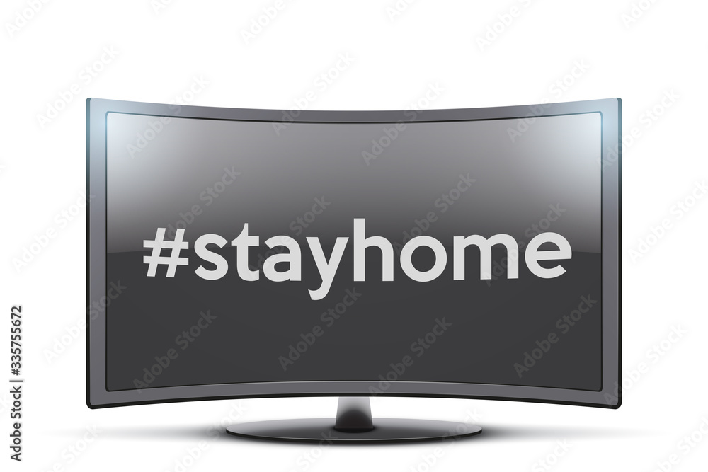 Frontal view of curved Widescreen tv monitor with stayhome sign. The recommendation to stay home during quarantine. Vector Illustration isolated on white background. Frontal view of curved Widescreen tv monitor with stayhome sign. The recommendation to stay home during quarantine. Vector Illustration isolated on white background.