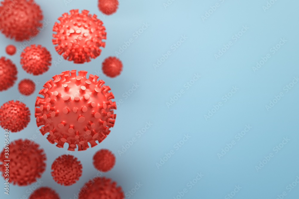 Abstract medical scientific background with large spiky virion virus particles on blue background. Image with copy blank space. 3d illustration. Abstract medical scientific background with large spiky virion virus particles on blue background. Image with copy blank space. 3d illustration.
