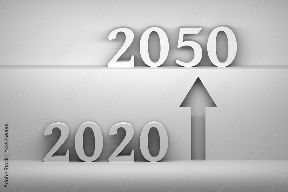 Future concept illustration with transition from year 2020 to 2050 and bold arrow showing up to 2050 year. 3d illustration. Future concept illustration with transition from year 2020 to 2050 and bold arrow showing up to 2050 year. 3d illustration.