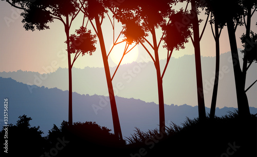 Natural forest mountains horizon hills silhouettes of trees. Evening Sunrise and sunset. Landscape wallpaper. Illustration vector style. Colorful view background. photo