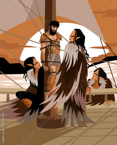 ulysses tied to the ship with ropes and the singing siren greek mythology tale