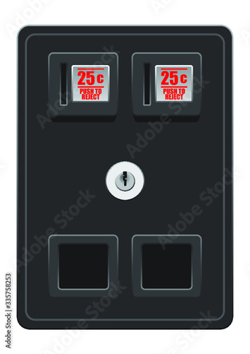 A vector illustration of dual vintage coin receptacle slot panel from a coin operated machine with entry and exit slots