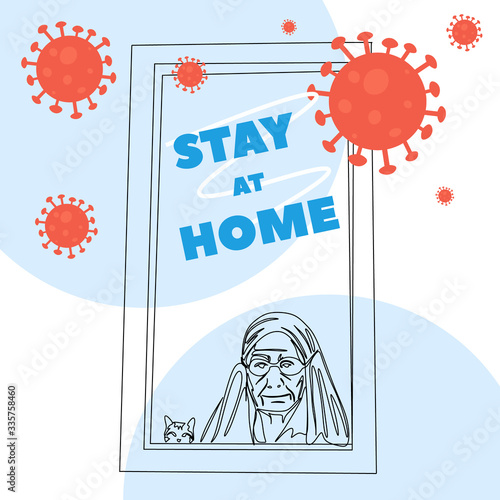 An elderly grandmother is sitting at home, looking out the window with a cat, safe from the coronavirus. Cartoon outline style.