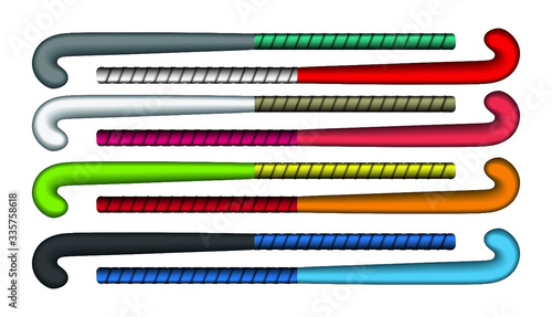 A vector illustration of lawn hockey sticks with various color combinations on an isolated white background
