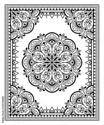 Frame in eastern tradition. Stylized with henna tattoos decorative pattern for decorating covers for book, notebook, casket, magazine, postcard and folder. Flower mandala in mehndi style.
