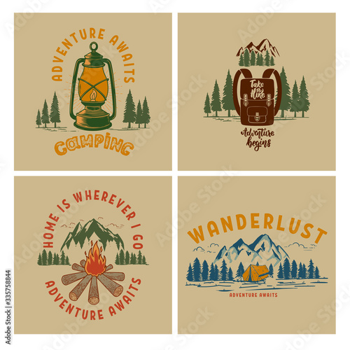Set of  Vintage poster designs with mountains, forest silhouettes, campfire, tourist backpack. For poster, banner, emblem, sign, logo. Vector illustration