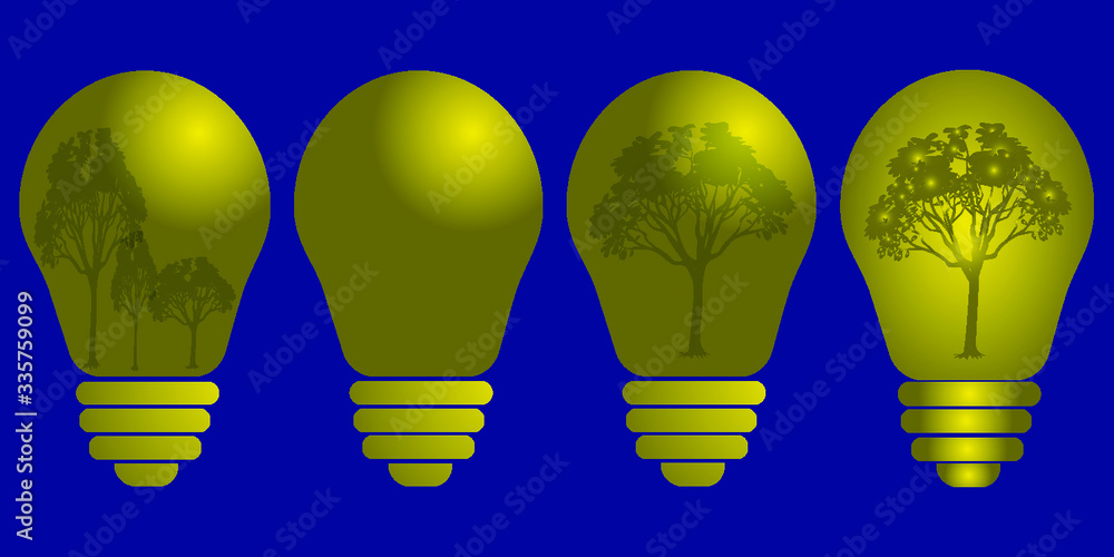 Green bulb. Set of Ecology bulbs with tree inside, green Eco concept. Collections of light bulbs with green color, isolated on blue background. Ecological energy concept. Vector illustration Green bulb. Set of Ecology bulbs with tree inside, green Eco concept. Collections of light bulbs with green color, isolated on blue background. Ecological energy concept. Vector illustration