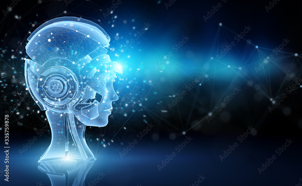 Artificial intelligence holographic projection with robot head 3D rendering Artificial intelligence holographic projection with robot head 3D rendering