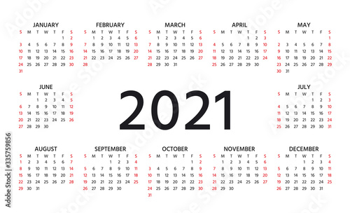 2021 Calendar. Week starts Sunday. Stationery year template. Vector. Yearly calender organizer with 12 months. Layout grid in minimal design. Landscape orientation, English