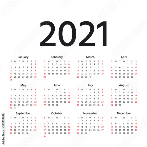 Calendar 2021 year. Vector. Week starts Sunday. Calender layout. Stationery template. Yearly organizer in minimal design, English.