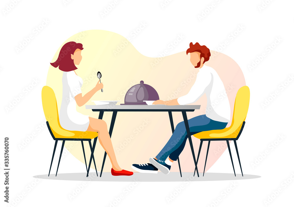 Couple eating at the table. Restaurant or cafe menu, dinner or lunch, romantic date concept. Vector illustration for poster, banner, commercial, card, postcard.