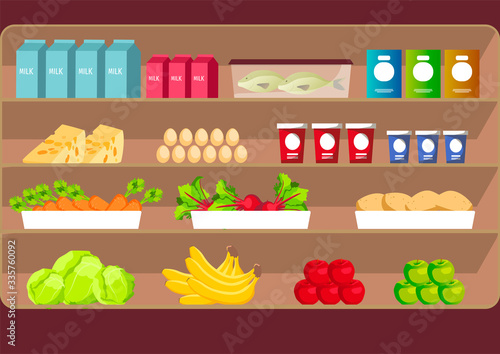 Grocery shelves with fruits, vegetables, fish and milk products. Crocery store, Online Market, Shopping concept. Vector illustration for poster, banner, cover, card, commercial.