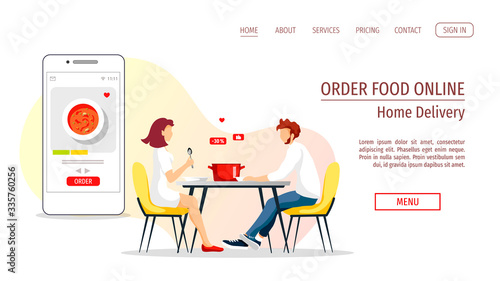 Web page design for Order food, Home delivery, Restaurant, Online menu. Couple eating at the table and online menu in a smartphone. Vector illustration for poster, banner, commercial, website.