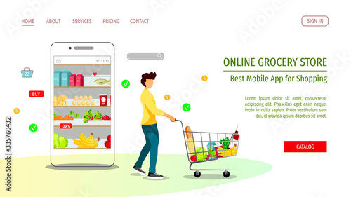 Web page design template for Grocery store, Online Market, Home delivery, Shopping. Young man with trolley and grocery shelves in smartphone. Vector illustration for poster, banner, website, flyer.
