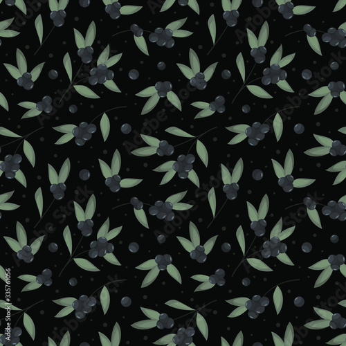 Vector seamless pattern with black berries and gray leaves on black background; design for fabric, wallpaper, wrapping paper, textile, web design.