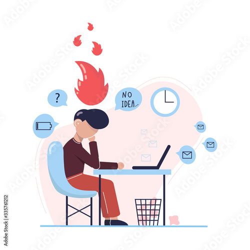 Emotional burnout man sitting at his working place with computer in an office. Tired businessman with low battery. No idea. Hard work. Vector illustration.