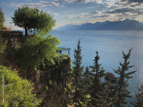 Landscape of Mediterranean sea mountains and blue sky