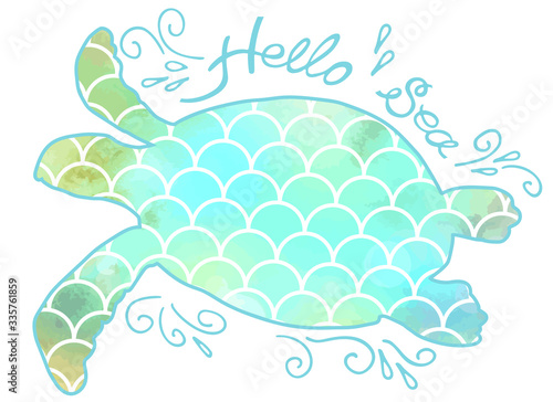 Hand drawn green-blue silhouette turtle with scales isolated on white background. Vector illustration. Sea theme. Perfect for invitation, greeting card, fashion print, banner, t shirt.