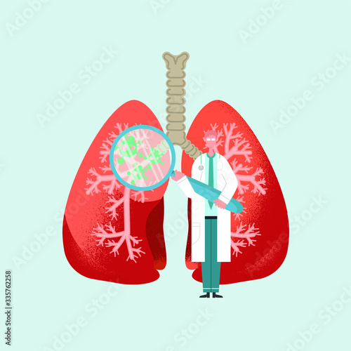 Pulmonology vector illustration. Flat tiny lungs healthcare persons concept. Abstract respiratory system examination and treatment. Internal organ inspection check for illness, disease or problems.