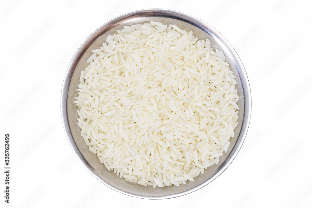 White uncooked thai Jasmine rice in metal bowl on white background with clipping path White uncooked thai Jasmine rice in metal bowl on white background with clipping path