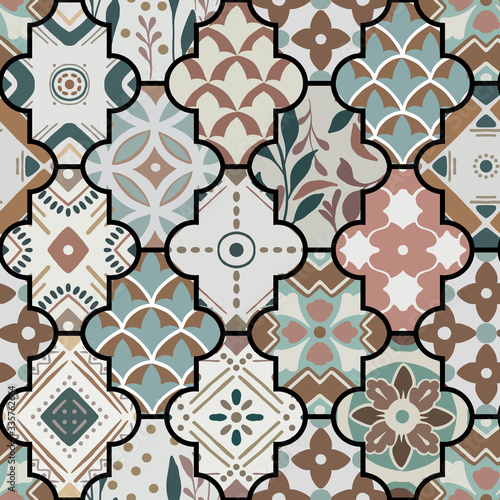 Colorful floral seamless hand drawn ornamental east pattern in patchwork boho chic style with lattice, in portuguese and moroccan motif