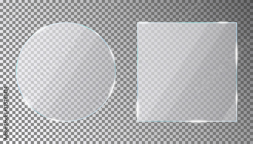 Glass plates set in circle and square shape on transparent background. Acrylic or plexiglass plate with gleams and light reflections. Vector illustration.