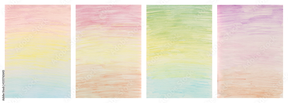 Set of hand drawing backgrounds with crayons and watercolor, soft color gradients, paper texture. 