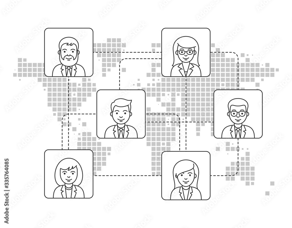 Remote teamwork concept. Distant work. Business people icons in outline style. Stylized world map background.