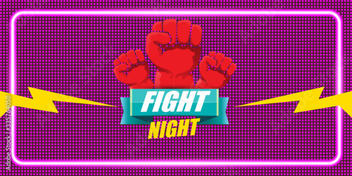 Fight night vector horizontal banner with text and strong fist. mma, wrestling or fight club emblem design template. fight label isolated on neon violet background