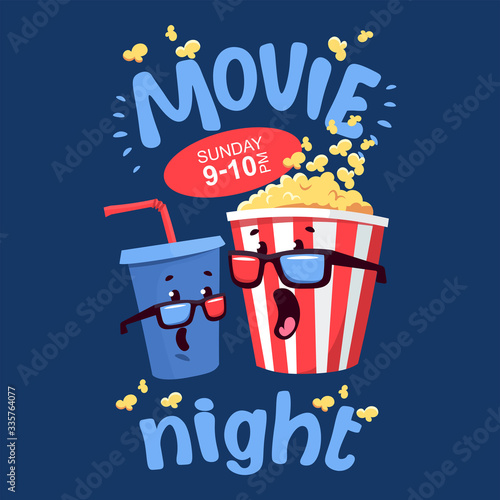 Flat illustration with cartoon movie popcorn and soda. Cartoon popcorn striped bucket with plastic cup of soda. Vector cinema time background. Isolated movie snack objects. Cinema drink and food