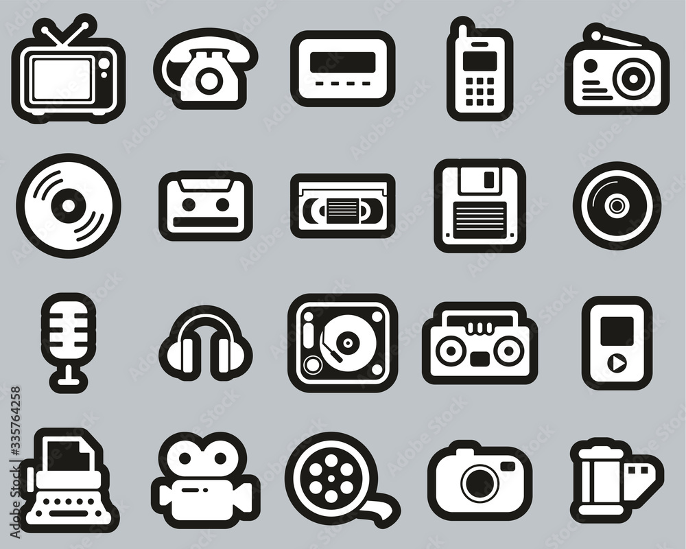 Old Technology Icons White On Black Sticker Set Big Old Technology Icons White On Black Sticker Set Big