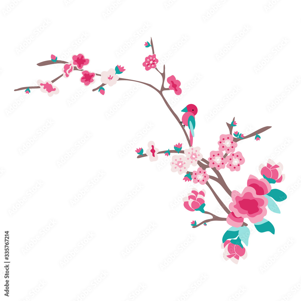 Pink flower bouquet and bird vector design illustration 