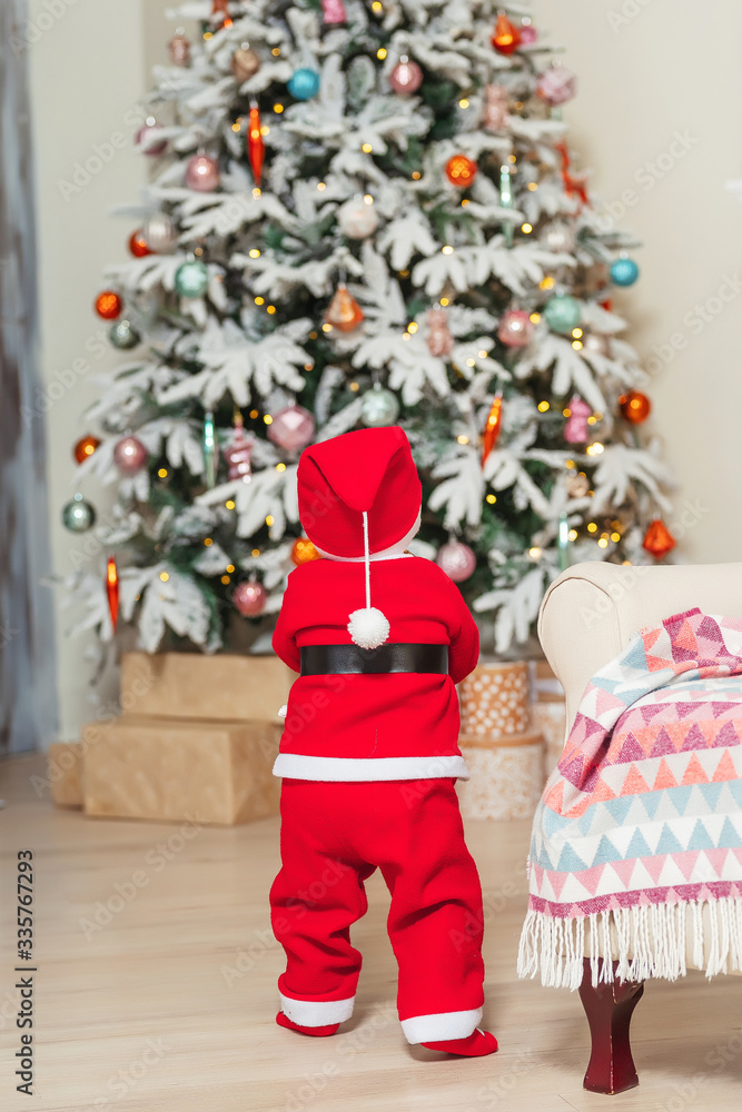 Little Santa Claus on the background of the Christmas tree. Santa