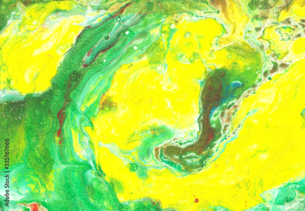 Abstract green background with spots and waves of yellow and green. Summer juicy background
