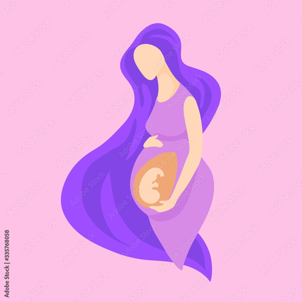 Vector flat illustration of a pregnant woman with an image of the fetus and womb. Сartoon healthy mother with long purple hair in a purple dress carefully holds on to the stomach in which the baby is Vector flat illustration of a pregnant woman with an image of the fetus and womb. Сartoon healthy mother with long purple hair in a purple dress carefully holds on to the stomach in which the baby is