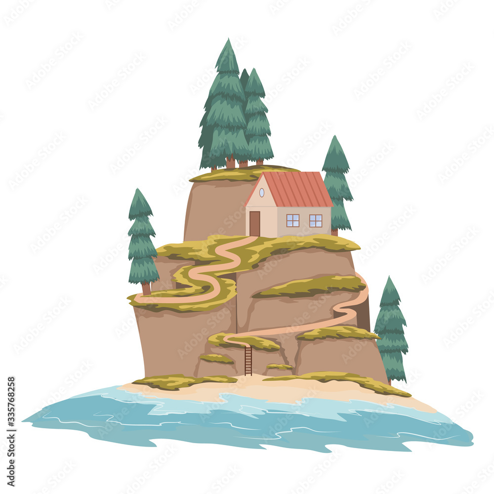 Fototapeta premium House with a red roof on top of a hill. Spruce trees. Beach and secluded sea coast. Loneliness and quarantine. Great place to live. Vector illustration
