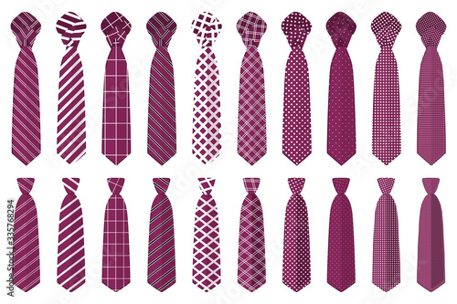 Illustration on theme big set ties different types, neckties various size