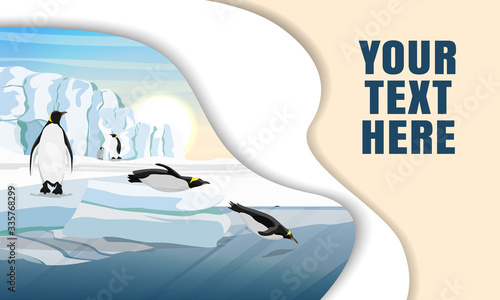 Landing page template with multi-level shadows and the image of penguins standing on the snow and diving into the water from the ice. Realistic vector