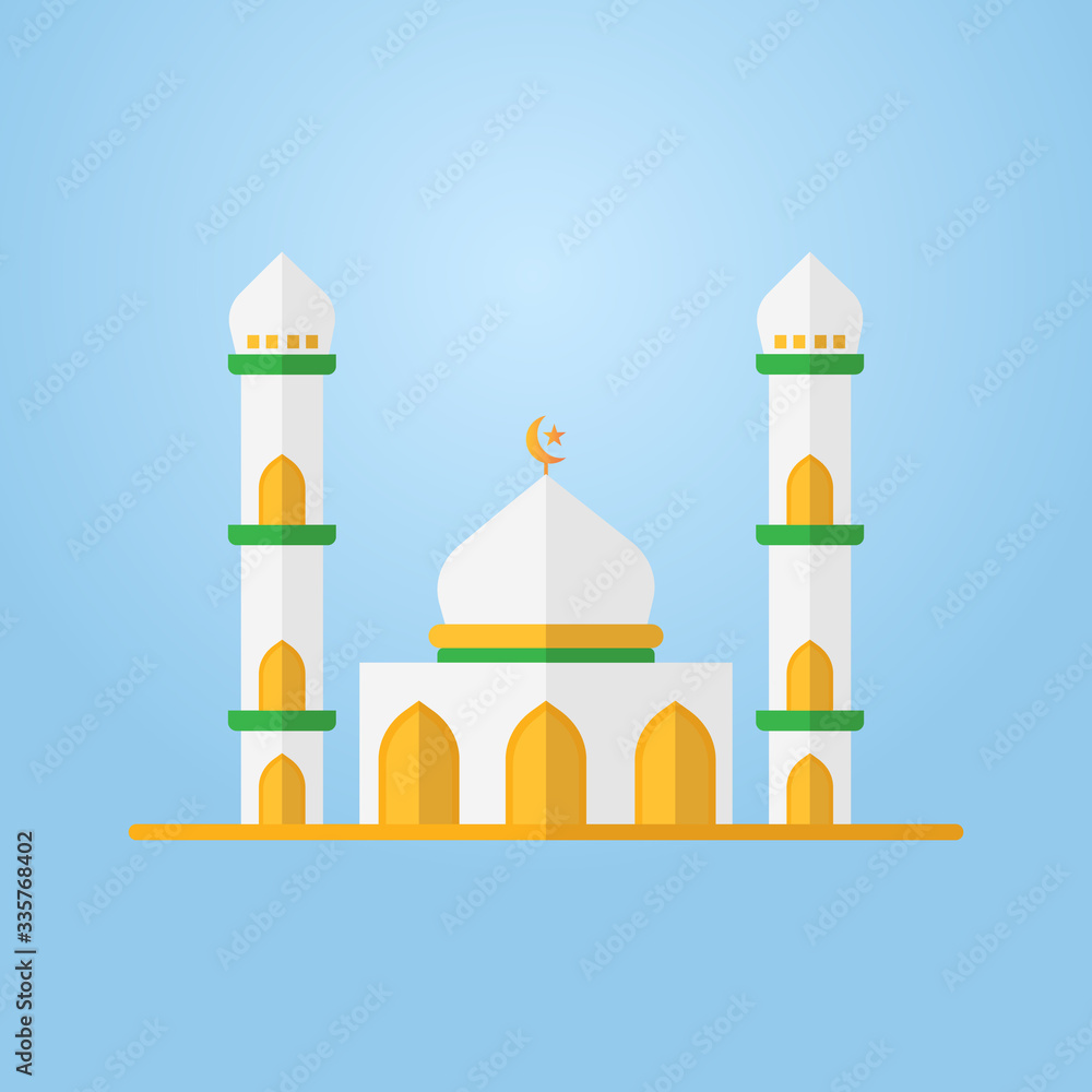 Illustration of a mosque with a flat style. Mosque building with a tower. Muslim place of worship.