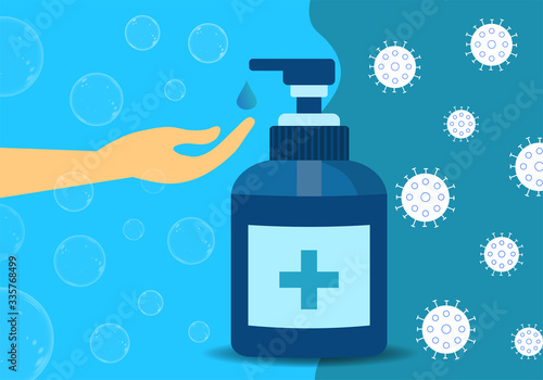 Blue antiseptic gel bottle for disinfection and person's hand with a drop of soap and coronavirus bacteria on the other side. Covid-19 and other viruses spread prevention by washing hands.