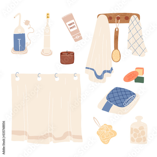 Bathroom and shower natural ecologic accessories set with curtain, organic soap bars, towels, hanger with cactus brush for dry massage,pouf, electric toothbrush, toothpaste, water flosser irrigator.