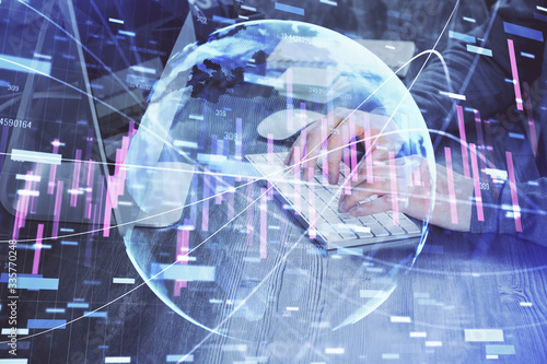 Double exposure of financial graph with man works in office on background. Concept of analysis.