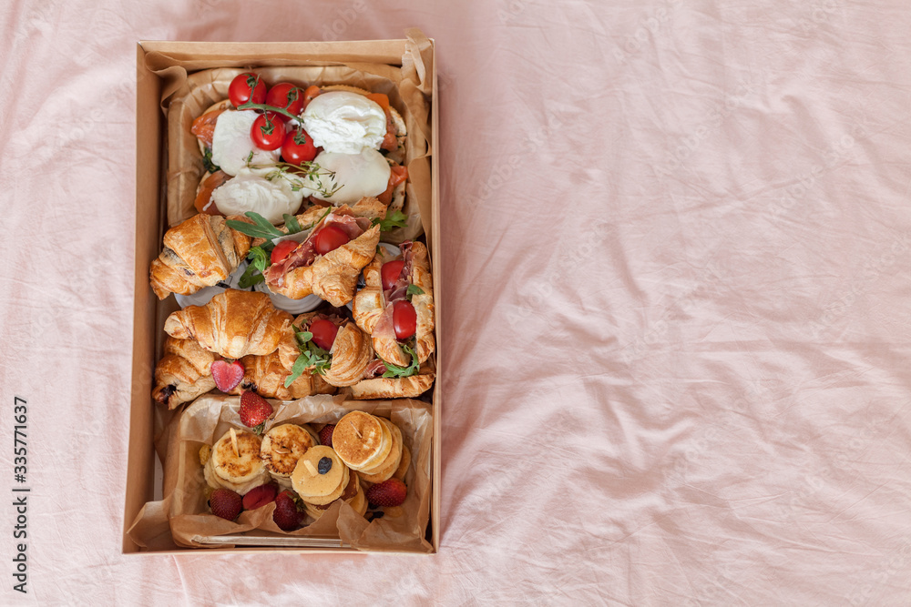 Food delivery box for breakfast. Food delivery from markets and