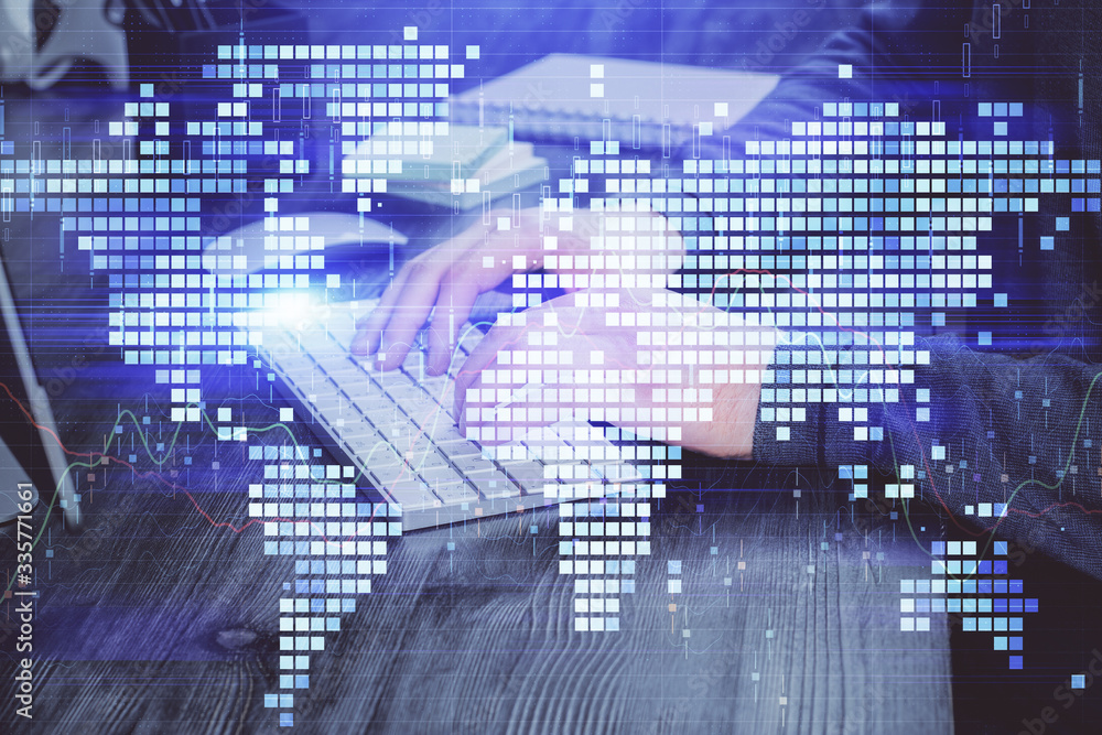 Double exposure of businessman working on laptop on background. International business hologram in front. Concept of success. Double exposure of businessman working on laptop on background. International business hologram in front. Concept of success.