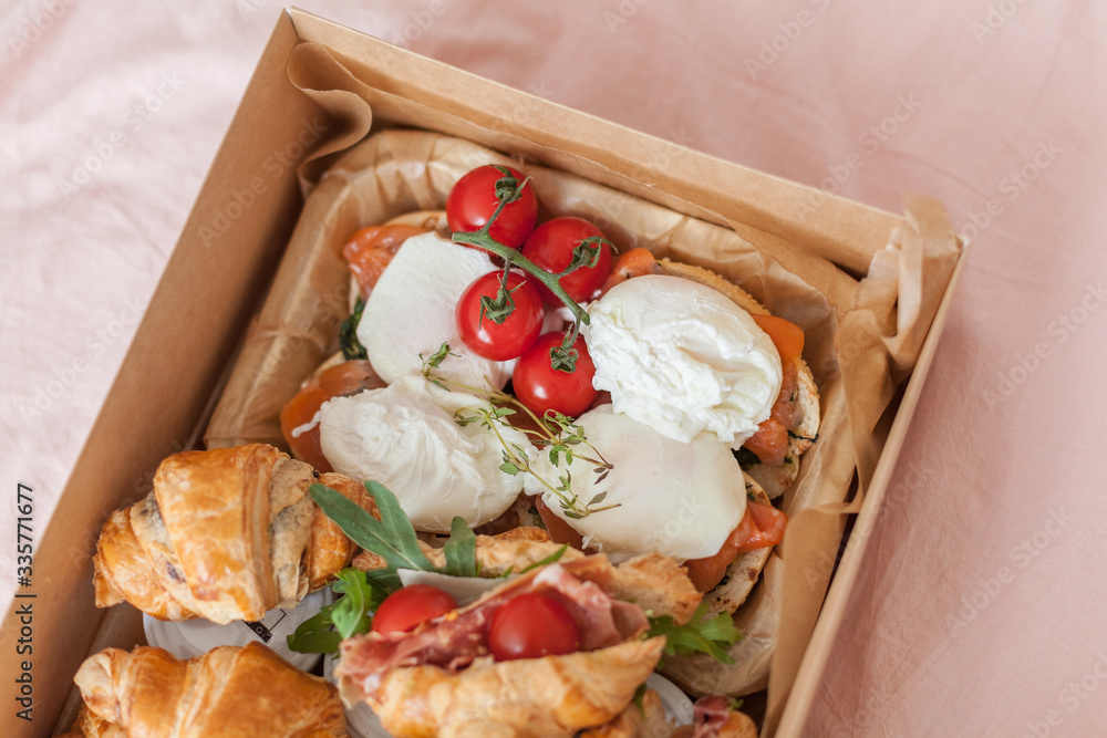 Food delivery box for breakfast. Food delivery from markets and