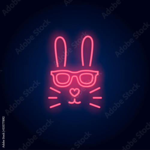 Rabbit neon sign. Easter bunny face in sunglasses with heart shaped nose on brick wall background. Vector illustration in neon style for topics like spring, Easter, celebration